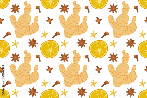 Cartoon ginger , clove and anise star whole and slice seamless pattern for print design. Healthy food background. Decorative graphic element. Asian spice root
