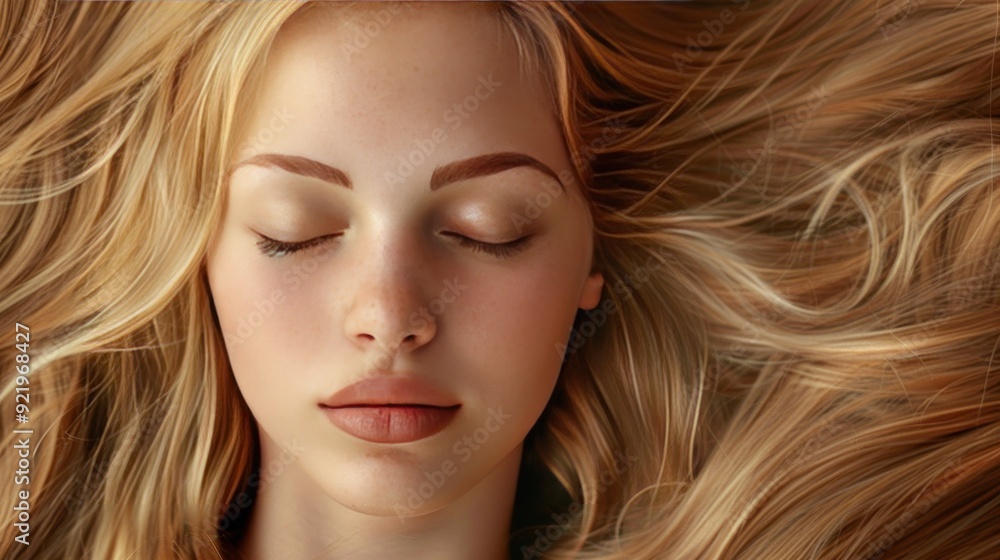 Naklejka premium A woman with long blonde hair is shown with her eyes closed. Concept of relaxation and tranquility, as the woman is in a peaceful state of mind. The long, flowing hair adds to the overall beauty