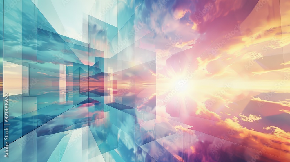 Abstract Business Background with Reflective, Geometric Shapes, and Beautiful Bright Sky Abstract Business Background with Reflective, Geometric Shapes, and Beautiful Bright Sky
