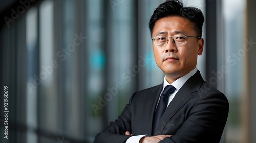 With his arms folded, a Chinese businessman faces a tall glass window in a bright, natural light-filled environment, gazing out into the distance.