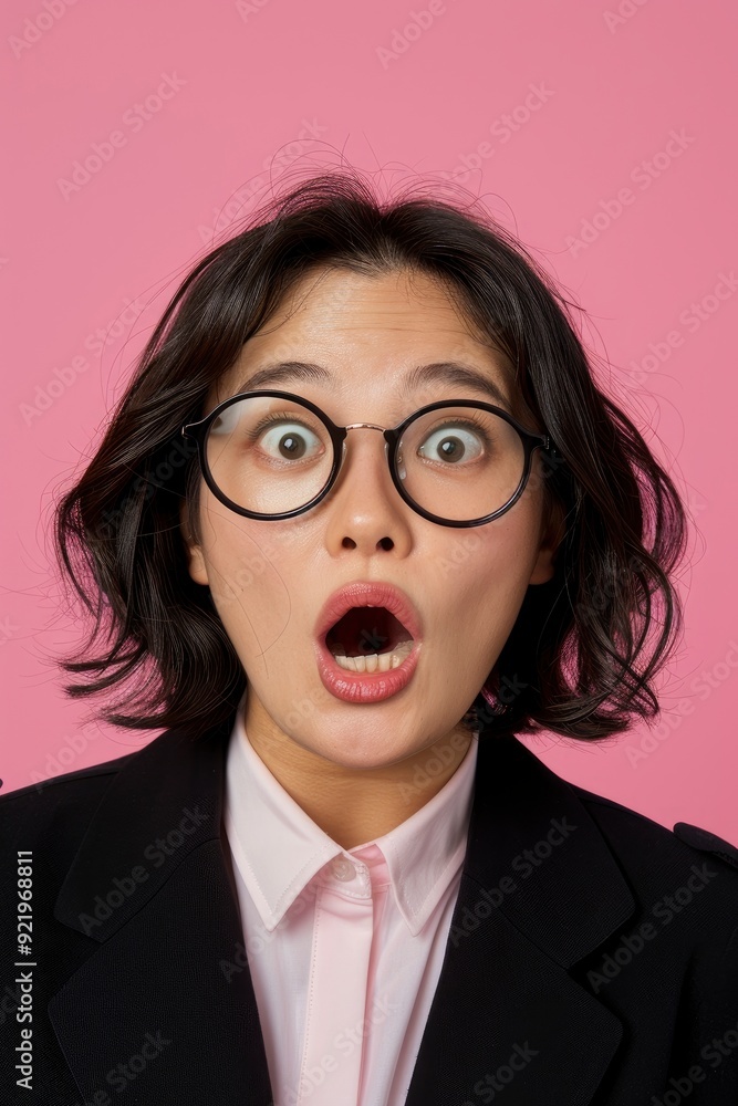 Close-Up Portrait Of An Asian Businesswoman In Glasses, Looking Surprised At The Camera With An Amazed Reaction Close-Up Portrait Of An Asian Businesswoman In Glasses, Looking Surprised At The Camera With An Amazed Reaction