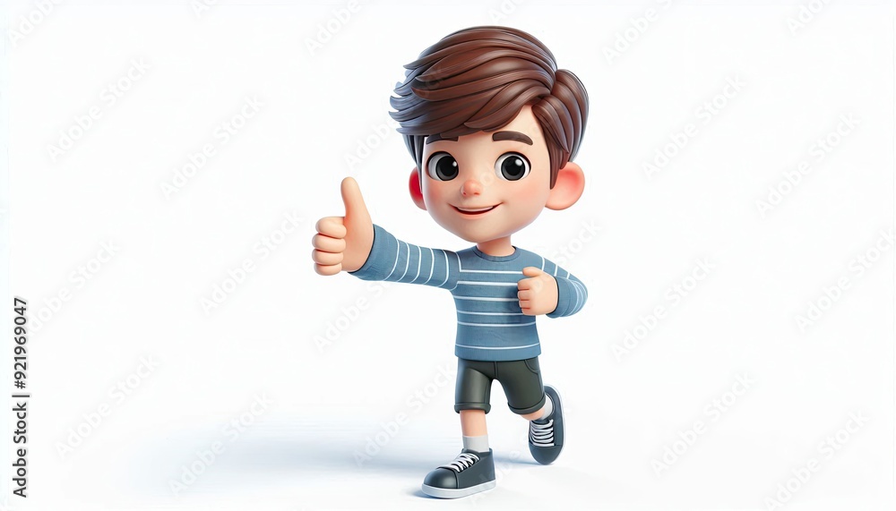 Excited Boy Giving Thumbs Up While Running in Striped Shirt Excited Boy Giving Thumbs Up While Running in Striped Shirt