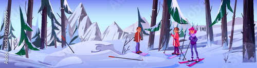 Active man and women skiing in winter mountains. Vector cartoon illustration of happy male and female characters having fun at ski resort, enjoying outdoor sports activity in snowy fir tree forest