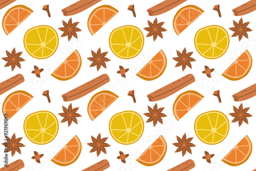 Various spices pattern, cinnamon rolls, anise star , lemon and orange slice and clove seasoning, hand drawn doodle illustration, seamless vector background with cooking ingredients, good as wrapping 