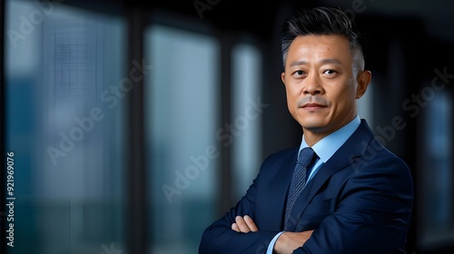 With his arms folded, a Chinese businessman faces a tall glass window in a bright, natural light-filled environment, gazing out into the distance.