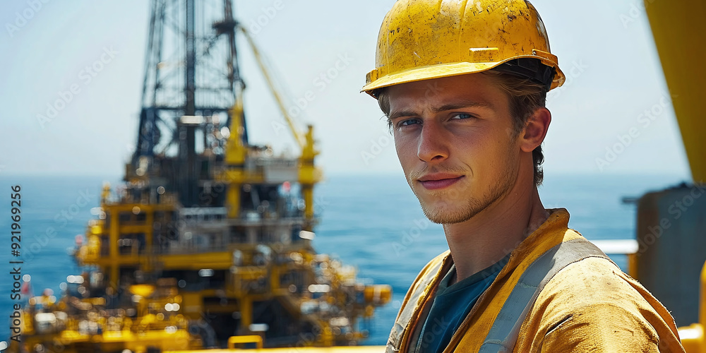 Close-up of Offshore Oil Rig Worker: Depicts a worker on an oil rig, focusing on the oil and gas industry, maintenance, and hazardous environments Close-up of Offshore Oil Rig Worker: Depicts a worker on an oil rig, focusing on the oil and gas industry, maintenance, and hazardous environments