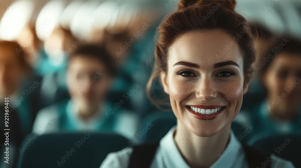 A cheerful woman smiling broadly while looking at the camera, seated in an airplane, with other passengers blurred in the background, conveying a sense of excitement and travel. A cheerful woman smiling broadly while looking at the camera, seated in an airplane, with other passengers blurred in the background, conveying a sense of excitement and travel.