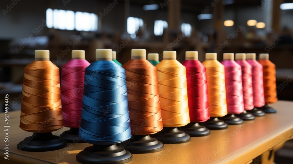 Colorful spools of thread on the stand in tailor Colorful spools of thread on the stand in tailor