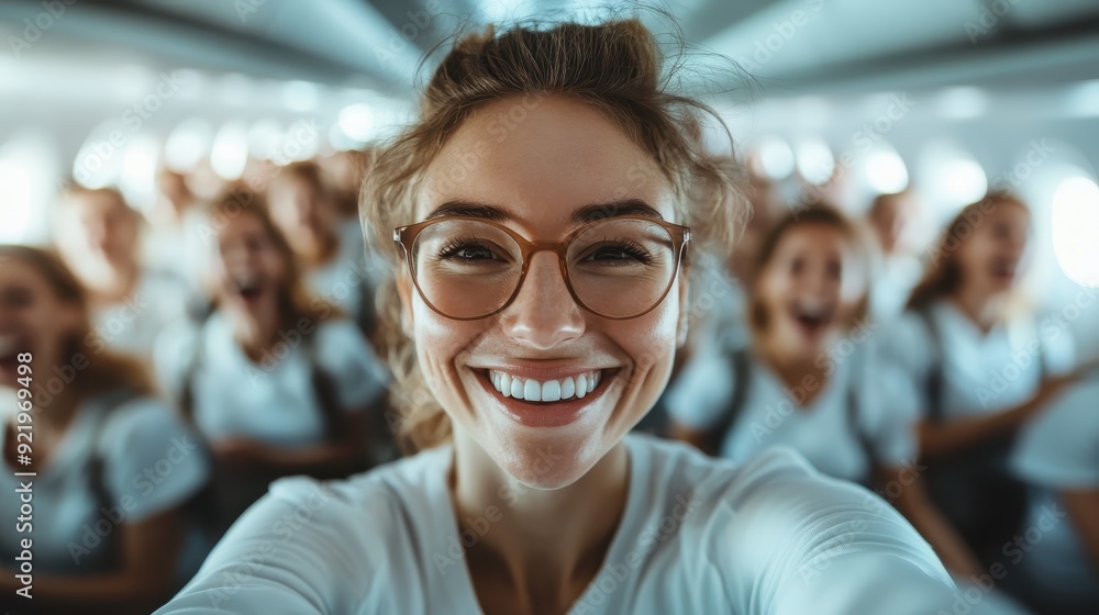 A cheerful woman wearing glasses, taking a selfie on a plane full of happy passengers in the background, exuding a sense of joy and embarking on a travel adventure. A cheerful woman wearing glasses, taking a selfie on a plane full of happy passengers in the background, exuding a sense of joy and embarking on a travel adventure.