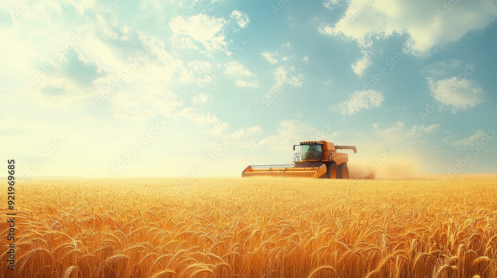 Fototapeta premium Golden Wheat Field with Combine Harvester Under a Clear Blue Sky on a Sunny Day