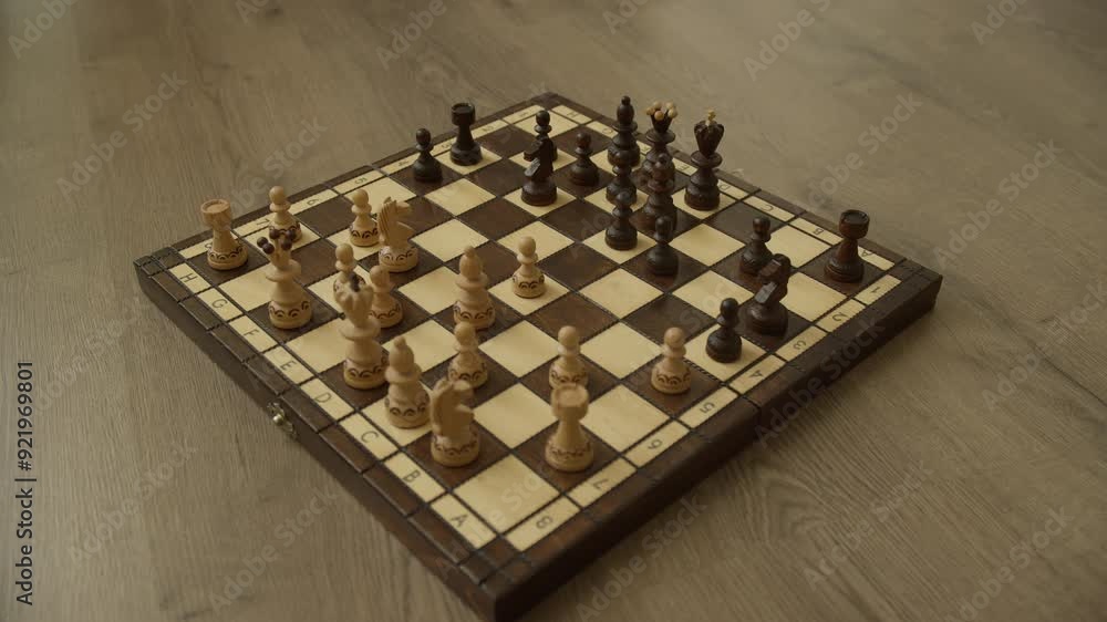 Wooden Chessboard with Pieces Mid-Game on a Wooden Floor Wooden Chessboard with Pieces Mid-Game on a Wooden Floor