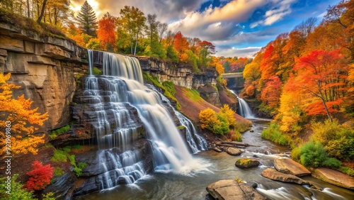 Fototapeta Naklejka Na Ścianę i Meble -  Vibrant autumn foliage surrounds serene Brandywine Falls, a picturesque 65-foot waterfall in Cuyahoga Valley National Park, Cleveland Metroparks, Ohio, on a sunny day.