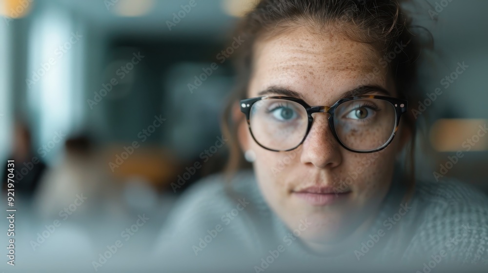 A woman with glasses and freckles, with a focused expression, is captured in a blurred background, suggesting a thoughtful or concentrated moment in a modern indoor setting. A woman with glasses and freckles, with a focused expression, is captured in a blurred background, suggesting a thoughtful or concentrated moment in a modern indoor setting.
