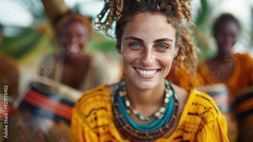 A woman in vibrant attire with a joyful smile, outdoors, surrounded by people in traditional clothing, capturing the essence of cultural celebration and happiness.