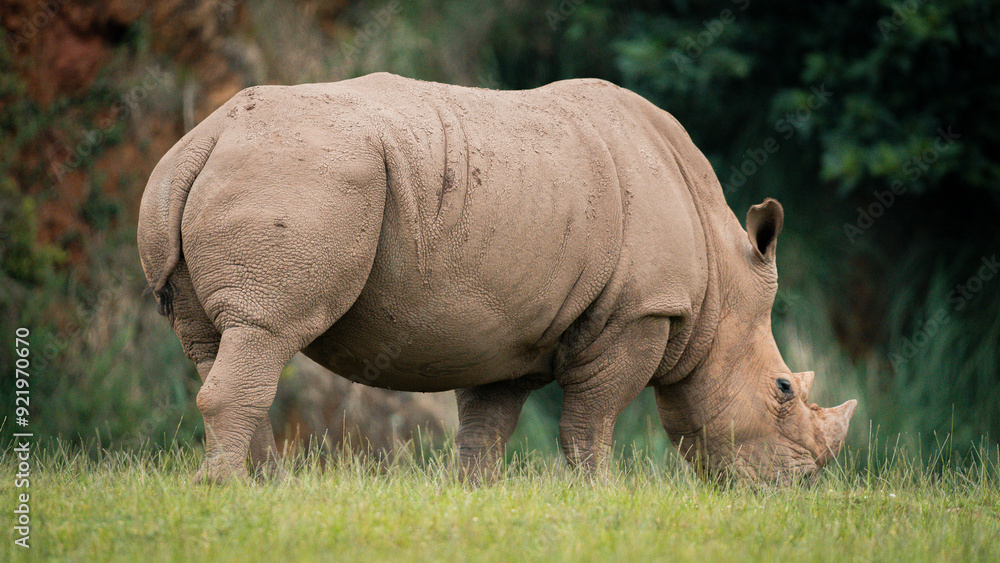 Majestic white rhinoceros grazing on lush grass, its powerful form highlighted as it observes its natural surroundings. A stunning wildlife capture, perfect for conservation, nature, and educational p Majestic white rhinoceros grazing on lush grass, its powerful form highlighted as it observes its natural surroundings. A stunning wildlife capture, perfect for conservation, nature, and educational p