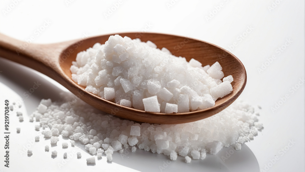 Sugar piled on a spoon on a white background. AI generated Sugar piled on a spoon on a white background. AI generated
