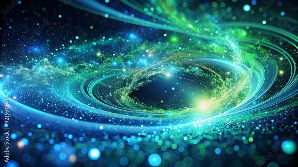 Obraz premium Vibrant blue and green swirling particles in a mesmerizing dance, evoking the mysteries of the cosmos and the wonders of the microscopic world.