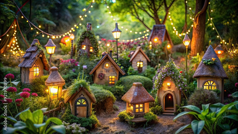 Fototapeta premium Collection of small fairy houses nestled among lush gardens and twinkling lights, fairy, whimsical, fantasy, enchanted, magical