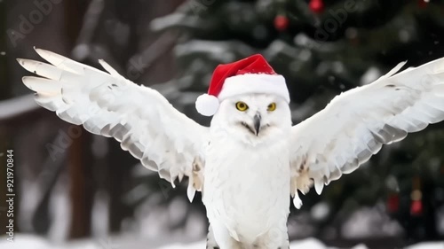 Majestic Snowy Owl Wearing a Santa Hat Flying Through a Snowy Forest for Christmas