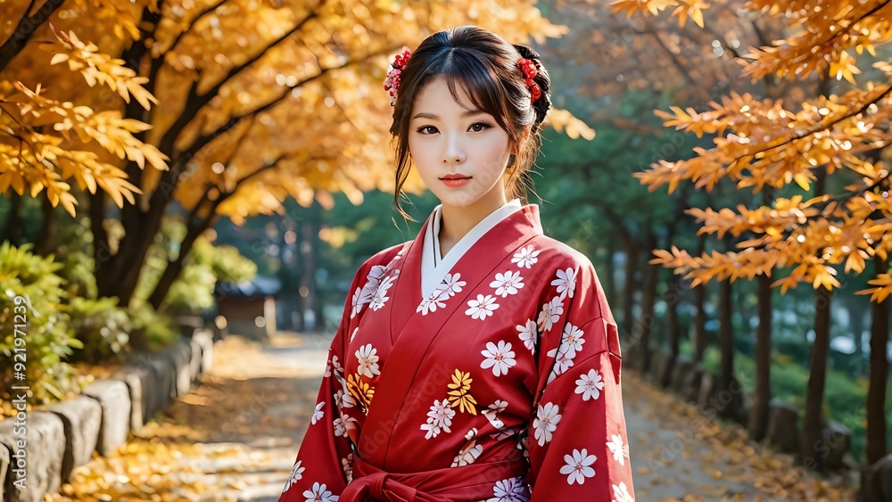 Portrait of Japanese woman in kimono. Autumn trees background Portrait of Japanese woman in kimono. Autumn trees background