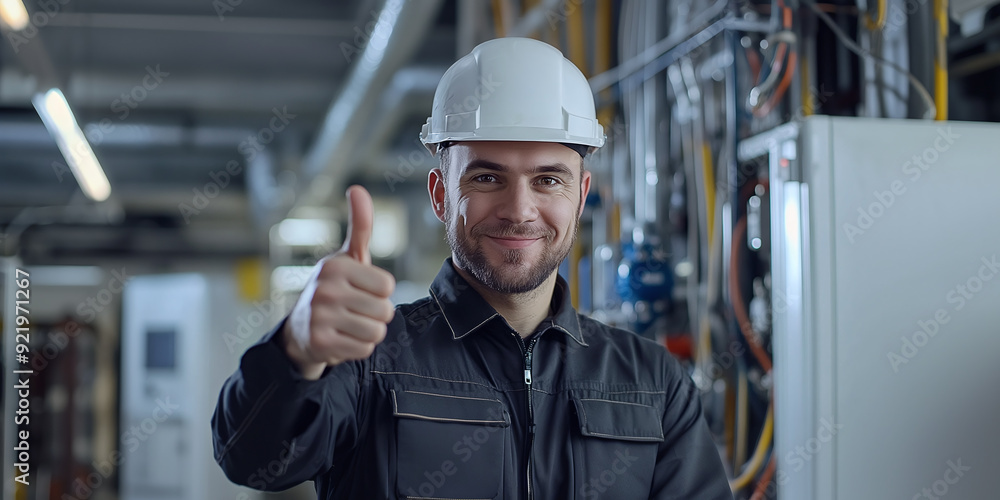 A Male Electrician Giving a Thumbs Up: Highlights an electrician giving a positive sign, focusing on job satisfaction and professional pride A Male Electrician Giving a Thumbs Up: Highlights an electrician giving a positive sign, focusing on job satisfaction and professional pride