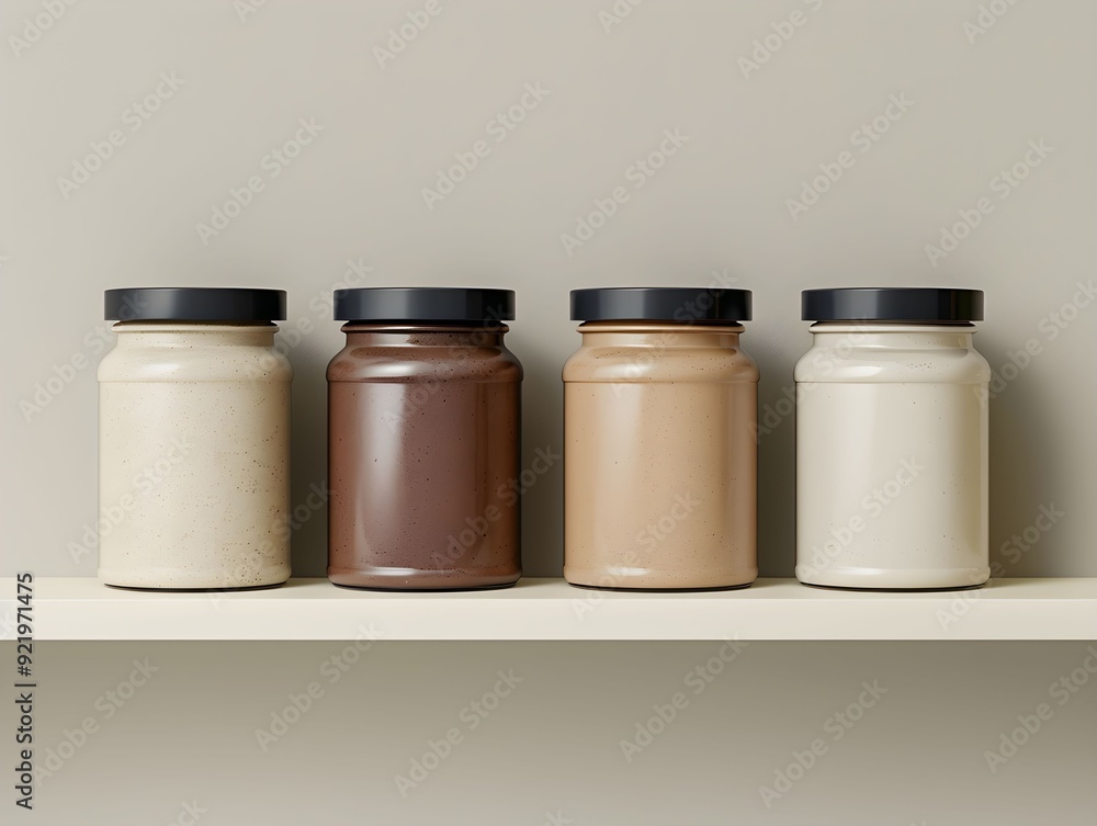 Jars of different nut butters arranged on a minimalist shelf in a neutral-toned kitchen setting Jars of different nut butters arranged on a minimalist shelf in a neutral-toned kitchen setting