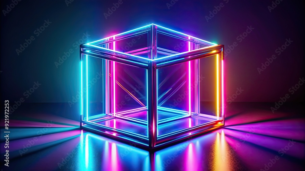 Vibrant geometric cube with neon lights and reflective surfaces, geometric, vibrant,cube, texture, illuminating Vibrant geometric cube with neon lights and reflective surfaces, geometric, vibrant,cube, texture, illuminating