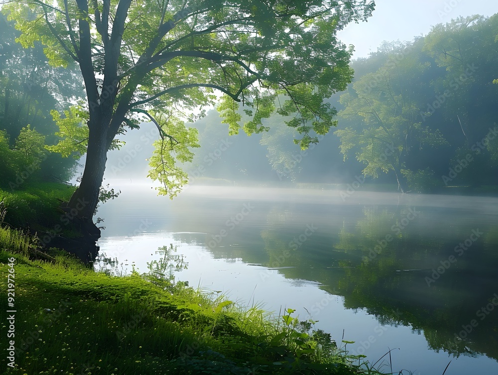 Misty morning by the serene river surrounded by lush greenery Misty morning by the serene river surrounded by lush greenery