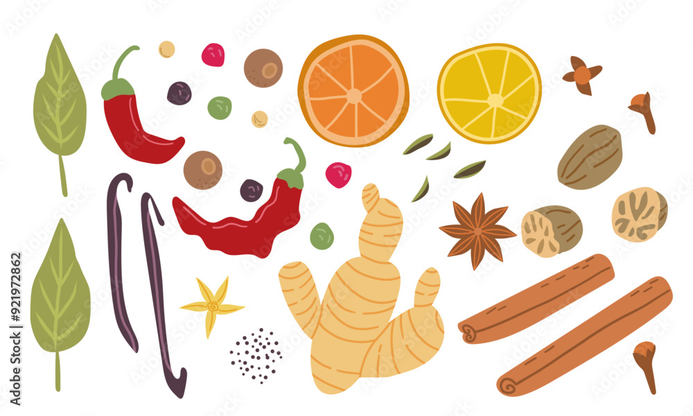 Big vector set of popular culinary spices. Ginger, chili pepper, nutmeg, anise and clove . For cosmetics store and spa natural health care. Can be used as logo design, price tag and label. For food Big vector set of popular culinary spices. Ginger, chili pepper, nutmeg, anise and clove . For cosmetics store and spa natural health care. Can be used as logo design, price tag and label. For food