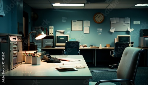 Empty office desk with a lamp, phone and papers