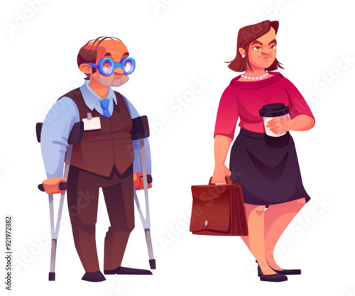Disable person in business clothes at office work. Man and woman employee with handicap for social inclusion and support concept. Cartoon vector set of diversity disabled corporate entrepreneur.