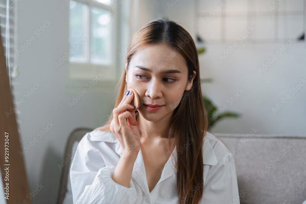 Young Woman Performing Her Morning Skincare Routine in a Modern Home Setting Applying Makeup with a Cotton Pad Young Woman Performing Her Morning Skincare Routine in a Modern Home Setting Applying Makeup with a Cotton Pad