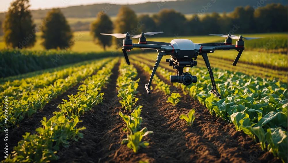 Applying fertilizer using a drone on green corn Farm automation and agricultural technology, AI generated