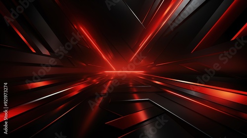 Fototapeta Naklejka Na Ścianę i Meble -  Abstract red and black geometric background with glowing lines.