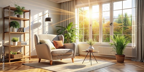 Cozy living room interior with armchair bathed in sunbeams, cozy, living room, interior, armchair, sunbeams