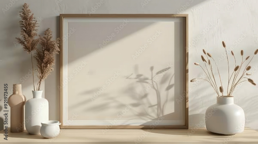 Blank horizontal poster frame mock up on the table with modern ceramic vases and dried flower. Neutral concept of home decor. Scandinavian style. Blank horizontal poster frame mock up on the table with modern ceramic vases and dried flower. Neutral concept of home decor. Scandinavian style.