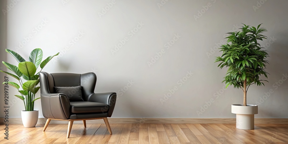 Cozy modern living room with a comfortable black chair and a plant, cozy, modern, living room, comfortable Cozy modern living room with a comfortable black chair and a plant, cozy, modern, living room, comfortable