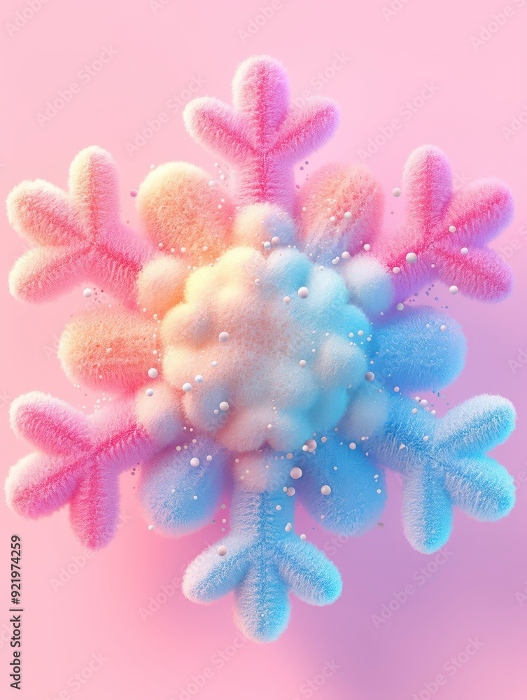 Fototapeta premium Stylized fluffy 3D snowflake with pastel pink and blue gradient colors floats against a soft pink background.