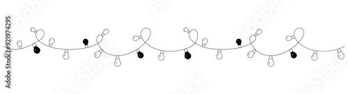 Black New Years lighting equipment cord of lights. Christmas design element. Vector illustration festoon. Multicolored light bulbs.