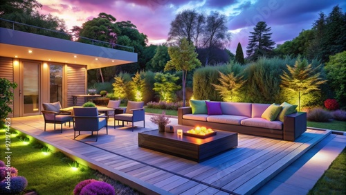 Vibrant LED lights illuminate a modern backyard patio at dusk, casting a colorful glow on the surrounding lush greenery and sleek outdoor furniture. photo