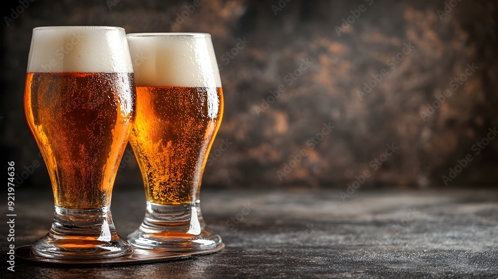 Freshly Poured Craft Beer in Glasses on Rustic Wooden Table with Ample Copy Space Freshly Poured Craft Beer in Glasses on Rustic Wooden Table with Ample Copy Space