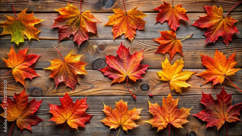Vibrant orange and red maple leaves scattered on a rustic wooden background, forming a natural, intricate pattern of curves and veins, evoking autumn's cozy charm. Vibrant orange and red maple leaves scattered on a rustic wooden background, forming a natural, intricate pattern of curves and veins, evoking autumn's cozy charm.
