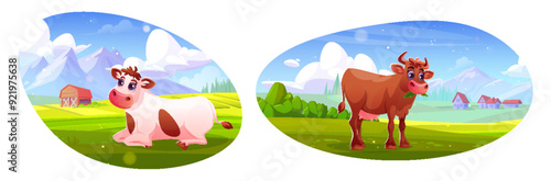 Cute cow on pasture near rocky mountains and farm barn and houses. Cartoon vector illustration set of funny cattle on lawn with green grass on spring or summer sunny day. Dairy animal on meadow.