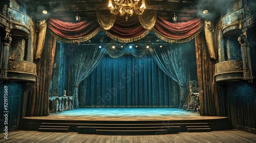 A theater stage with a dramatic backdrop and set pieces ready for a Shakespearean play.