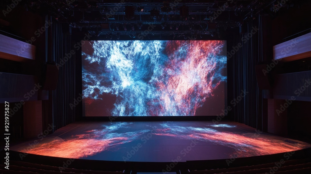 Naklejka premium A theater stage with a large projection screen showing abstract visuals during a performance.