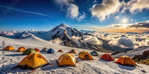 Base camp set up for climbers attempting to summit Elbrus in the northern route, Elbrus, mountain, expedition, camp, tent