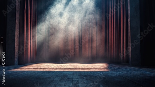 A theater stage with dramatic lighting casting long shadows, setting the mood for a thriller.