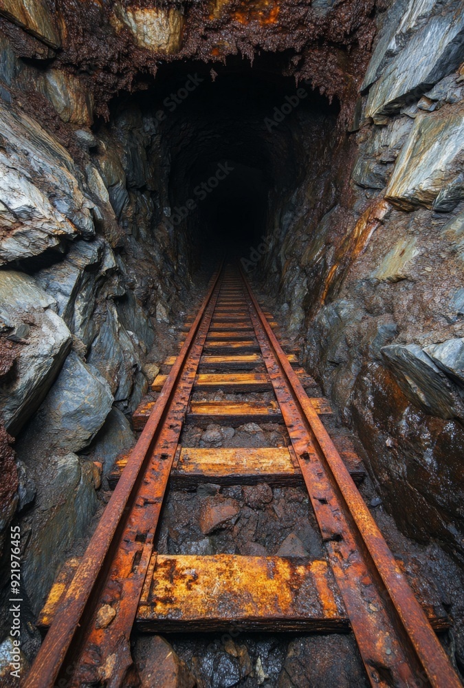 An abandoned mineshaft entrance with rusted tracks leading into the darkness An abandoned mineshaft entrance with rusted tracks leading into the darkness