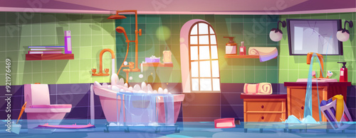 Dirty messy bathroom flooded with water from tub and sink. Cartoon vector illustration of home disaster with bath leak, broken faucet and clogged plumbing pipe. Overflow in house toilet room.