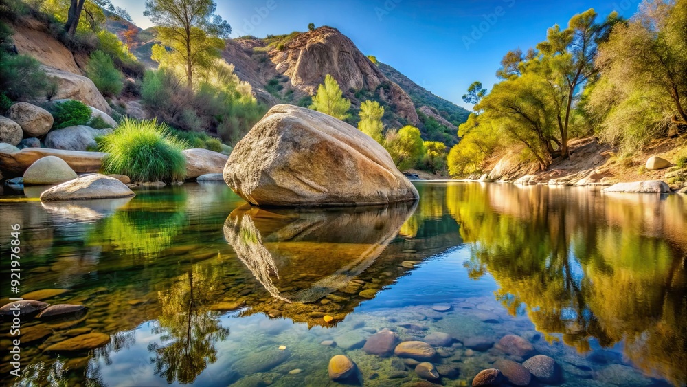 Fototapeta premium Diving rock reflected in tranquil Sespe Creek, capturing the beauty of Los Padres National Forest , nature, reflection